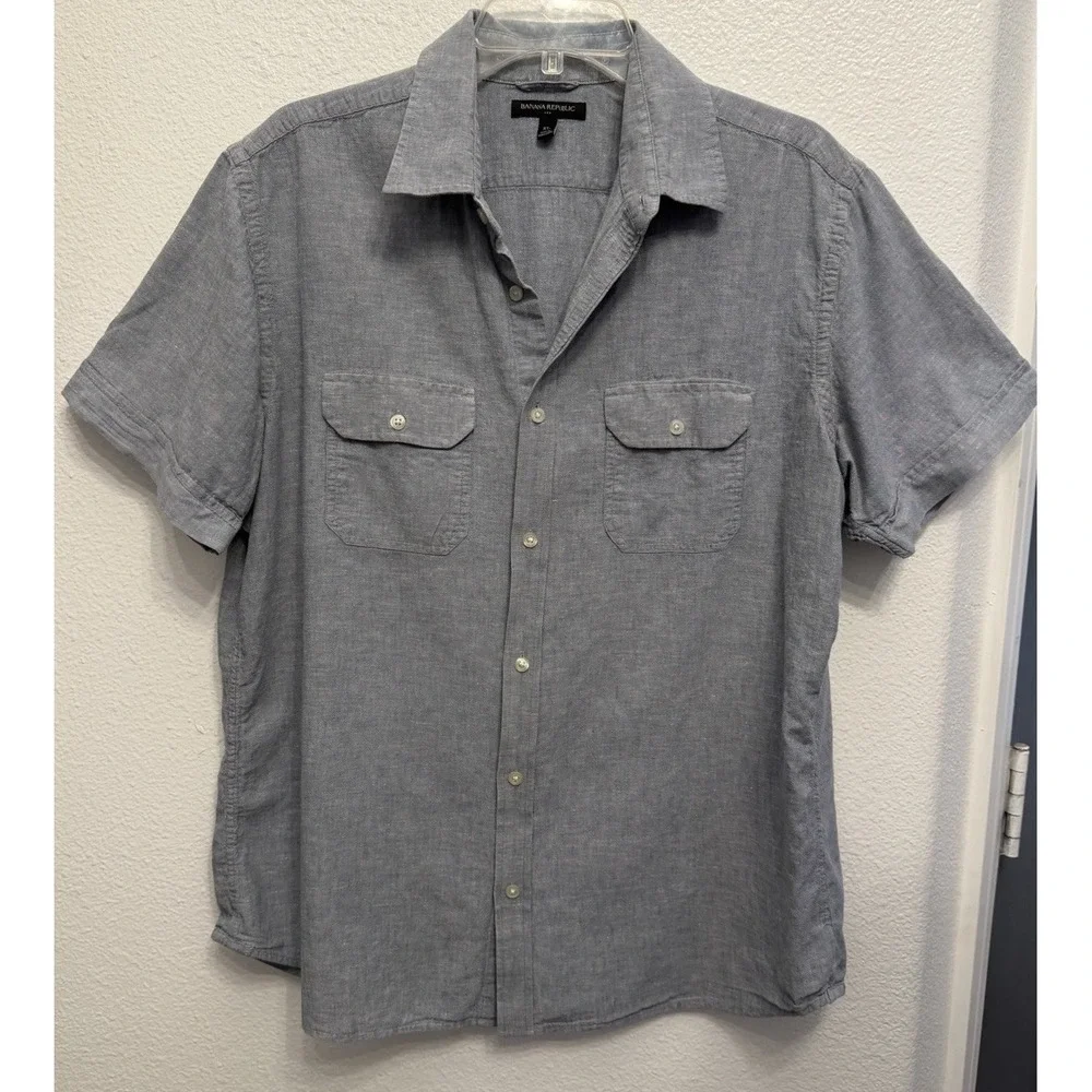 Banana Republic Men Button Up Linen Blend Shirt L/XL Blue Pockets‎ Beach Coastal